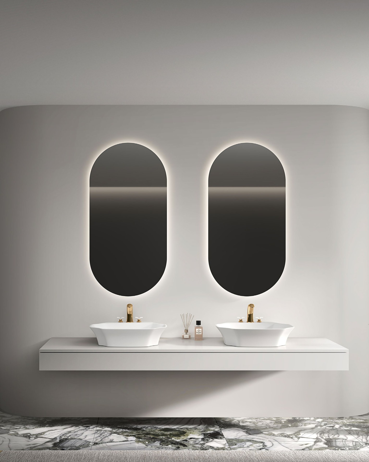Countertop vessel basin set on a stone vanity top