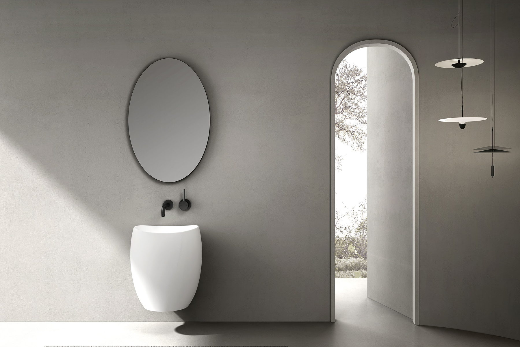 A vessel basin on a slim countertop in a finished bathroom
