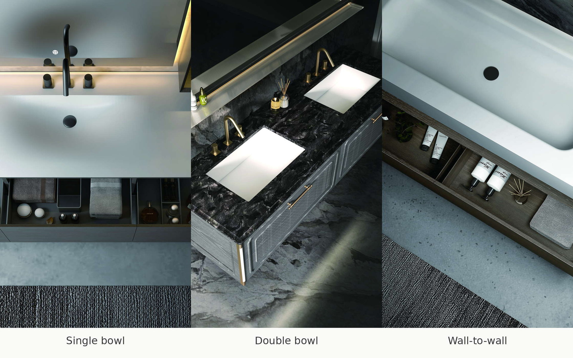 Comparison of single-bowl, double-bowl and wall-to-wall integrated basin tops
