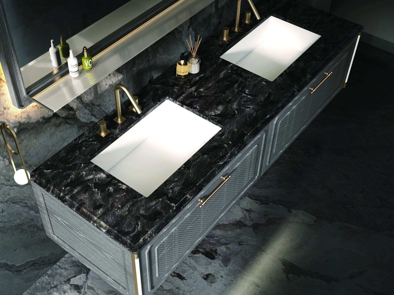 Double-bowl integrated basin on a stone vanity top