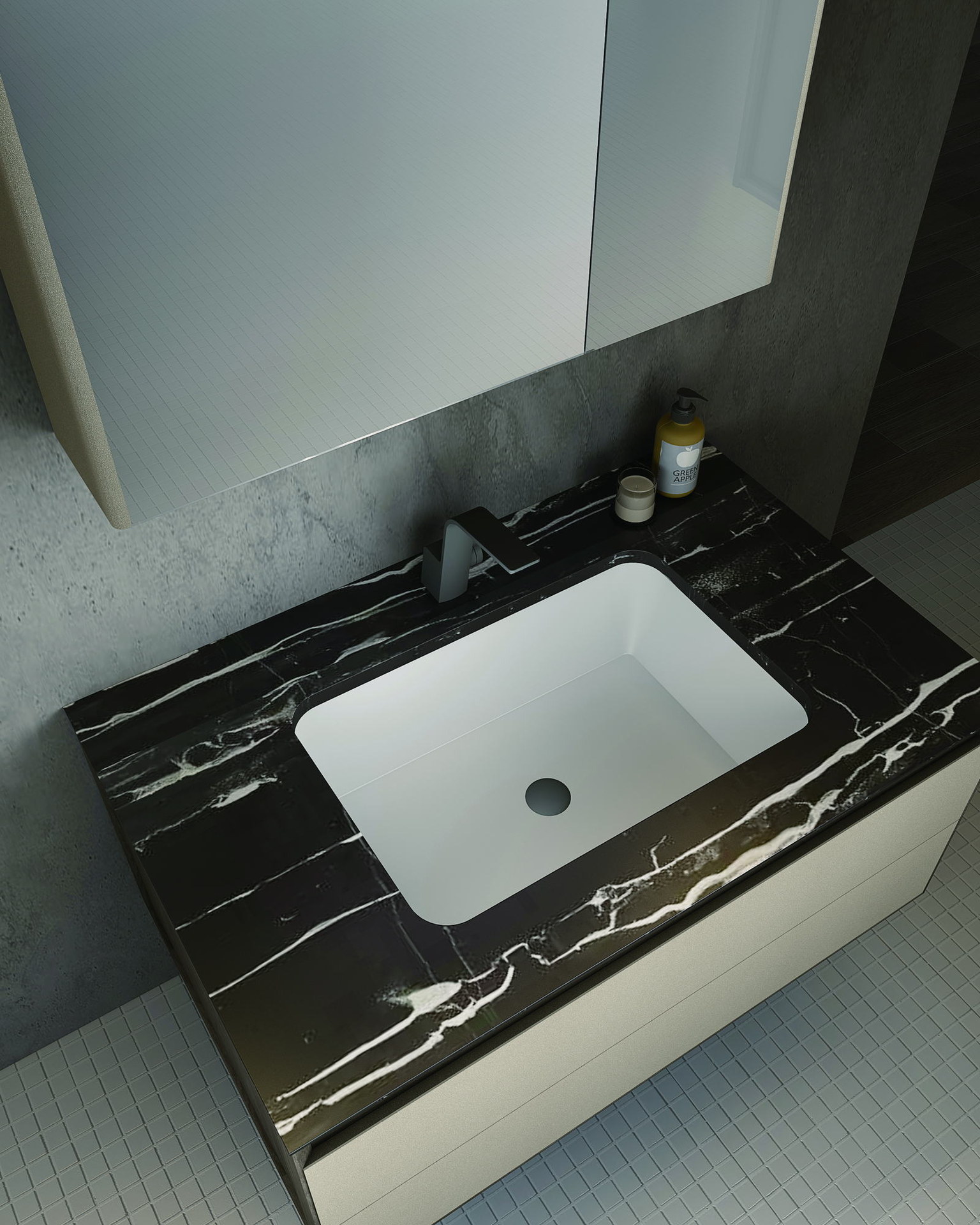 Custom-length integrated basin set into a stone vanity top