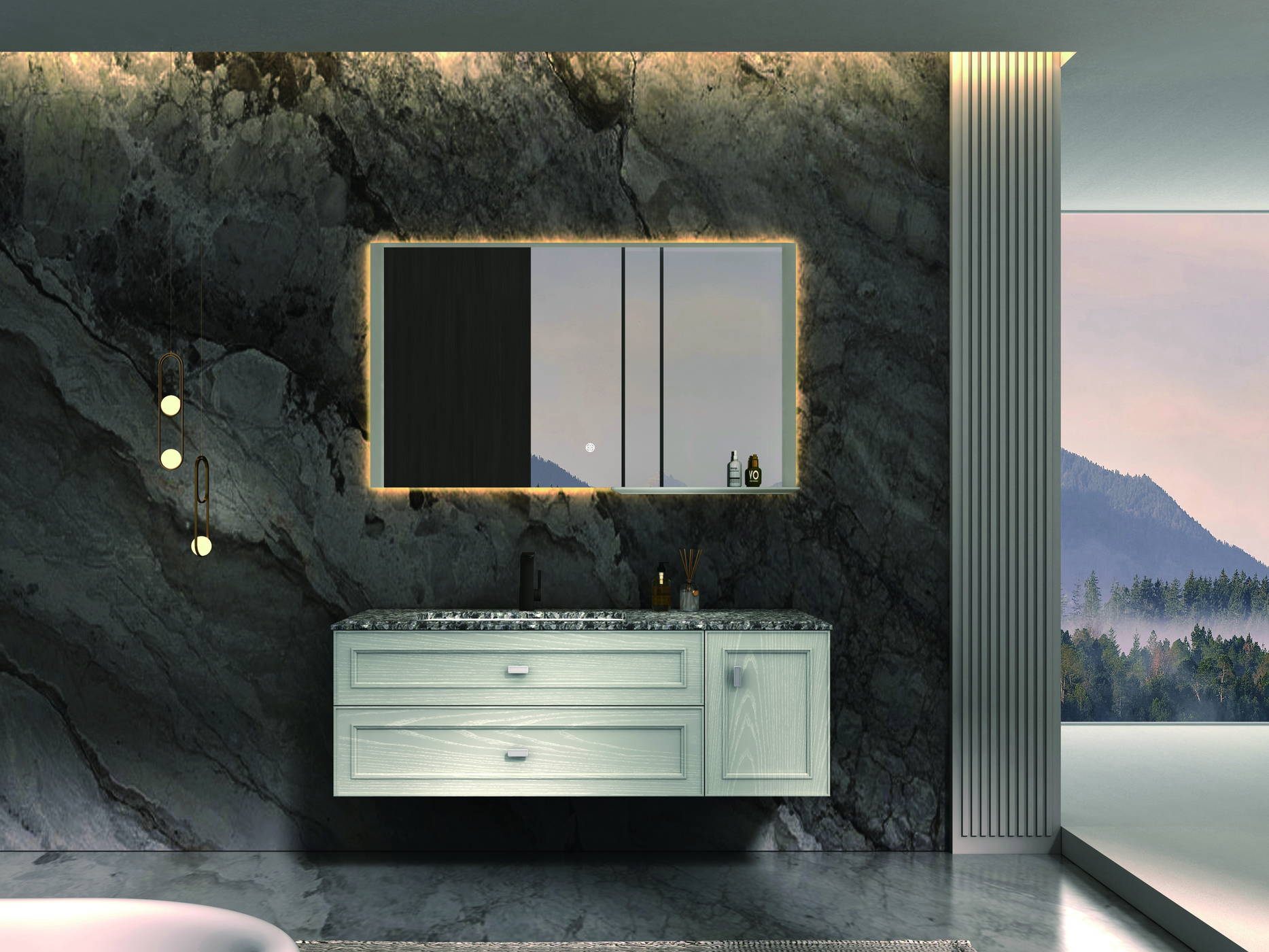 Hotel vanity wall with a long integrated basin