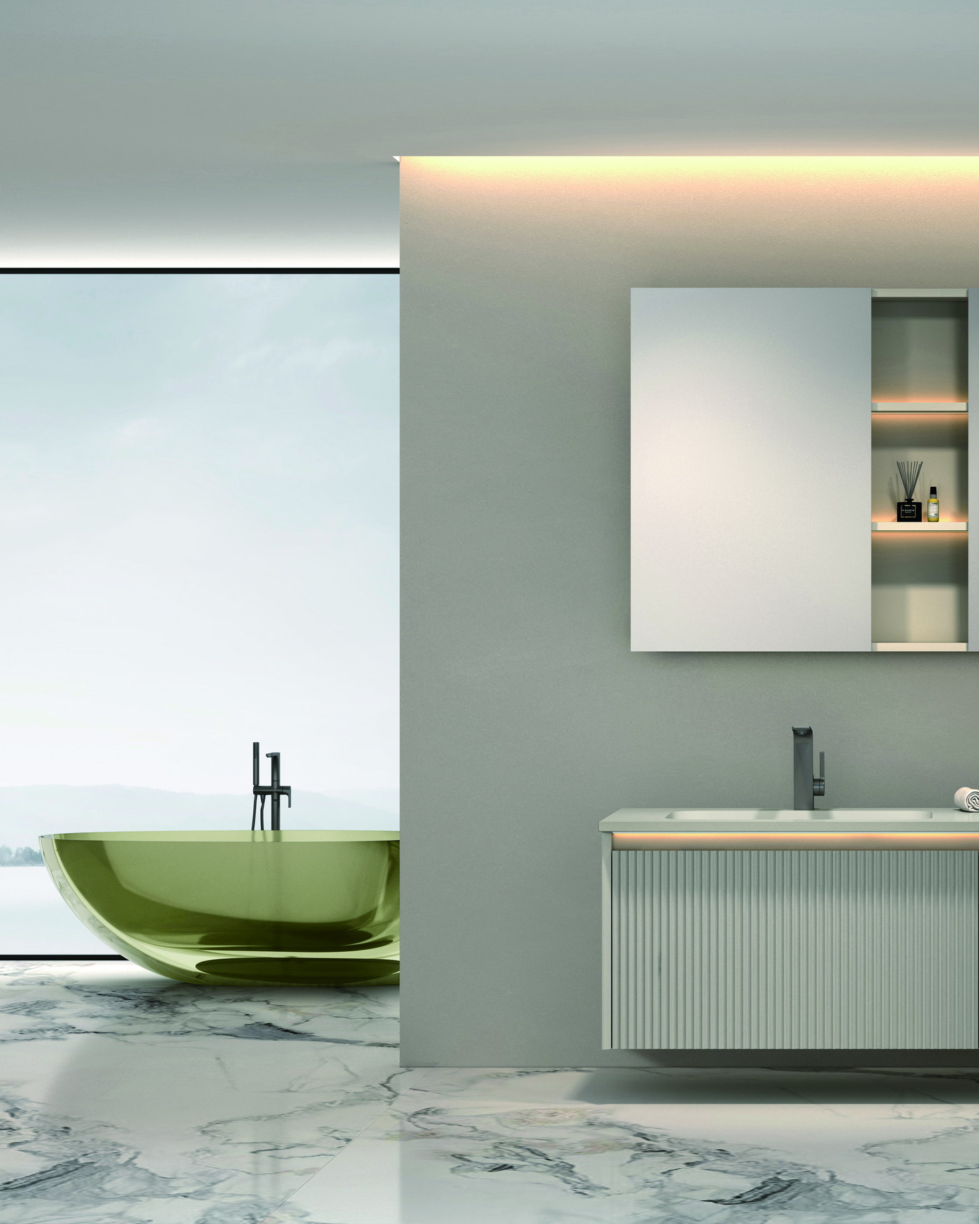Integrated basin layout compared against the vanity wall