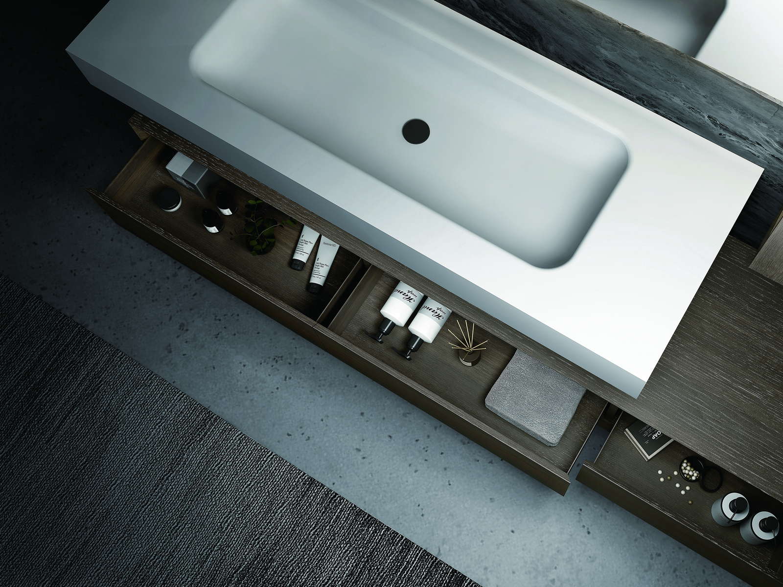 Wall-to-wall vanity top with an integrated basin