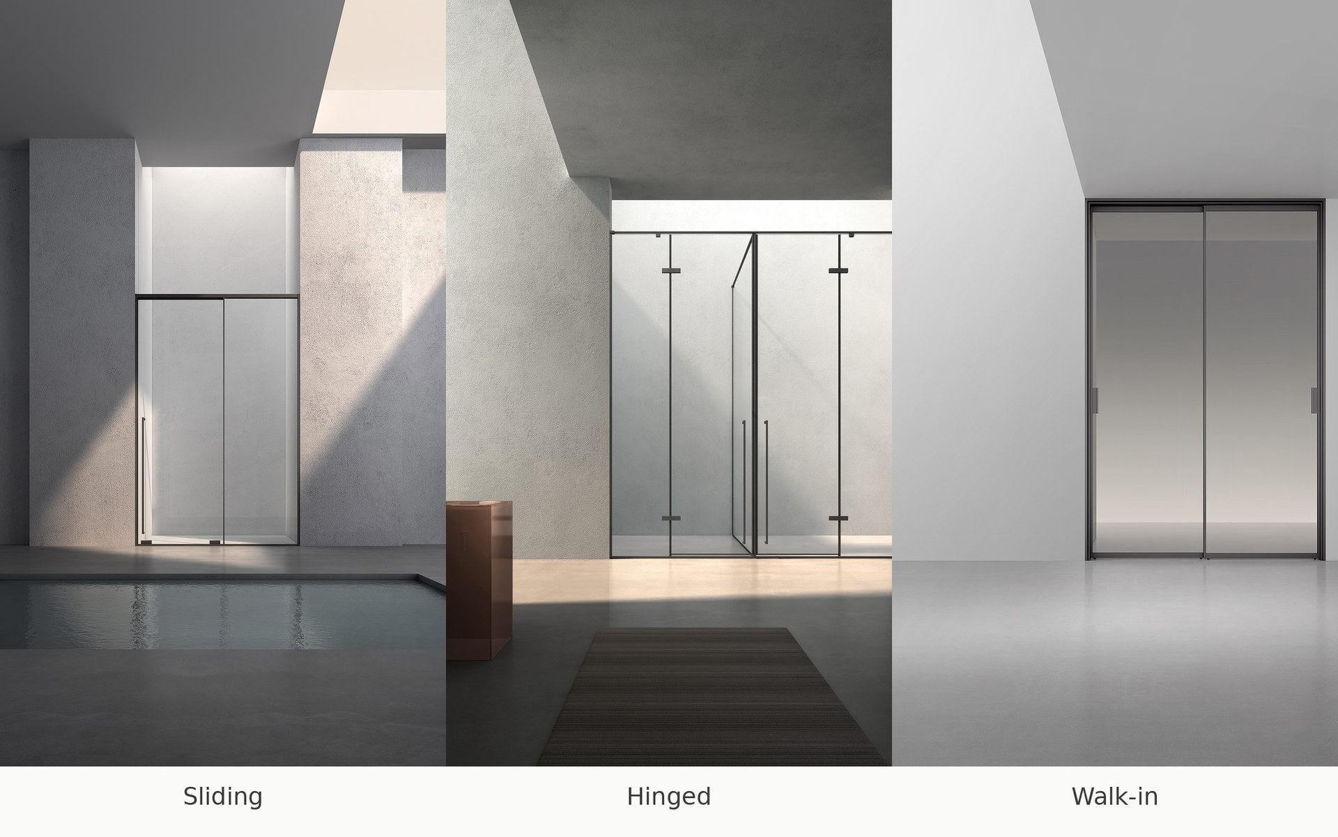 Comparison of custom sliding, hinged and walk-in shower enclosure configurations