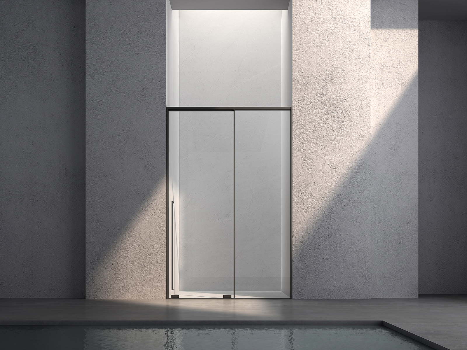 Custom sliding shower enclosure across a project opening