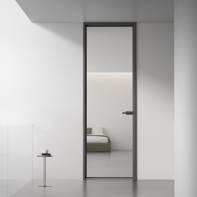 Frameless hinge and glass panel of a custom enclosure