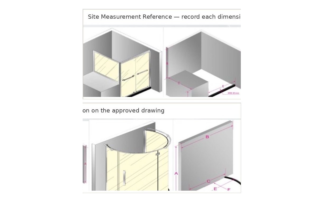 A technical drawing for a custom shower enclosure
