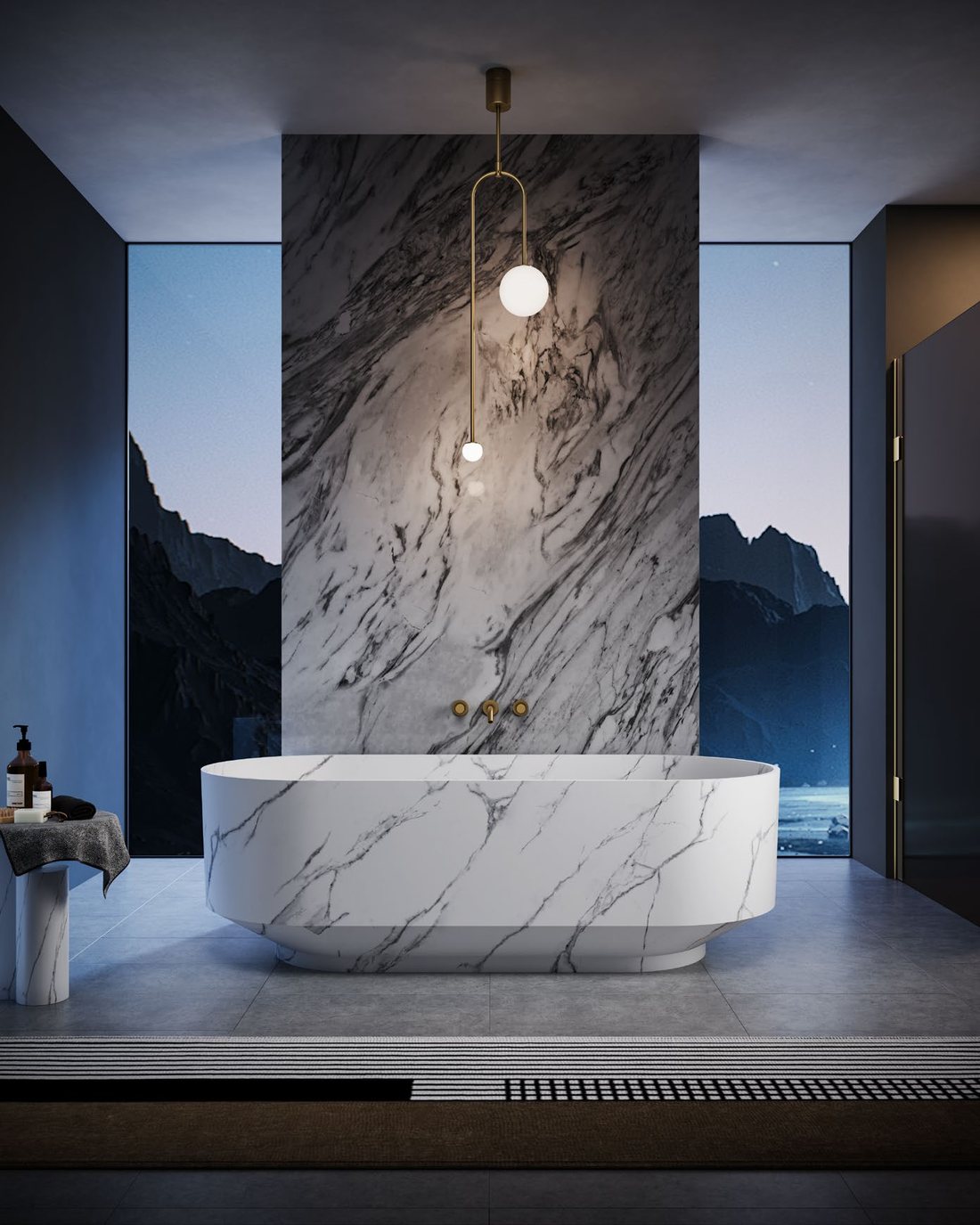 Solid surface bathtub color options from deep blue to olive and gray