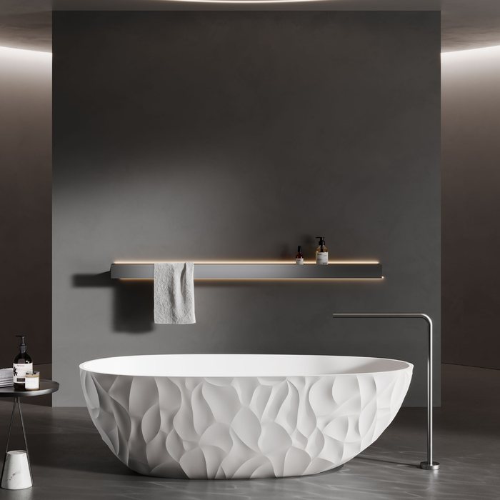 Solid surface bathtub color options from deep blue to olive and gray