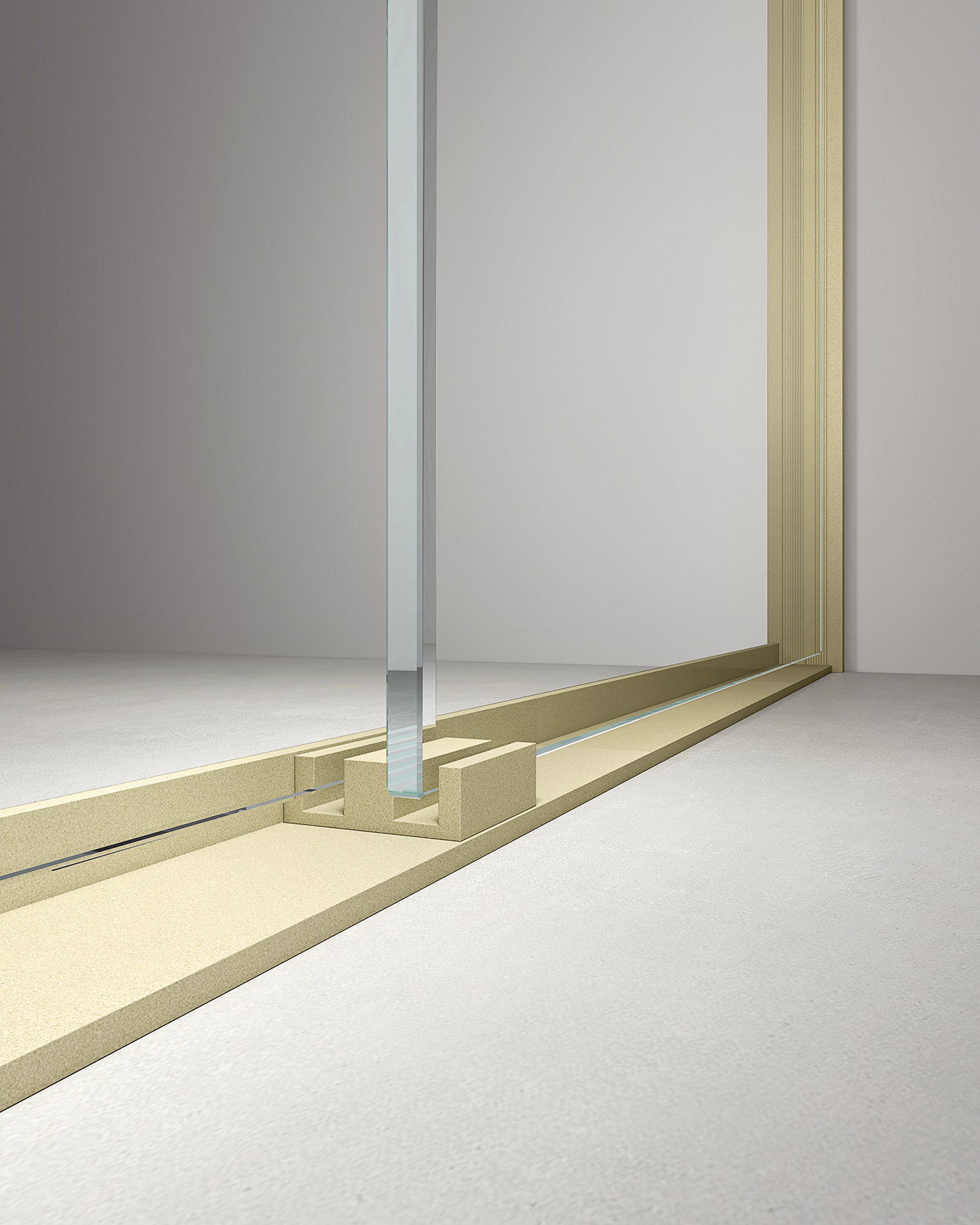 Floor drain and threshold detail at the shower entry
