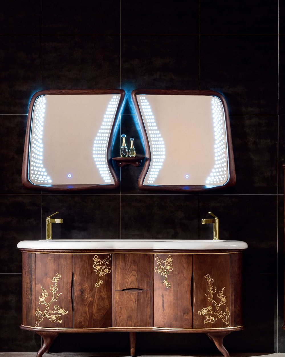 An ornate floor-standing vanity with a lit mirror panel