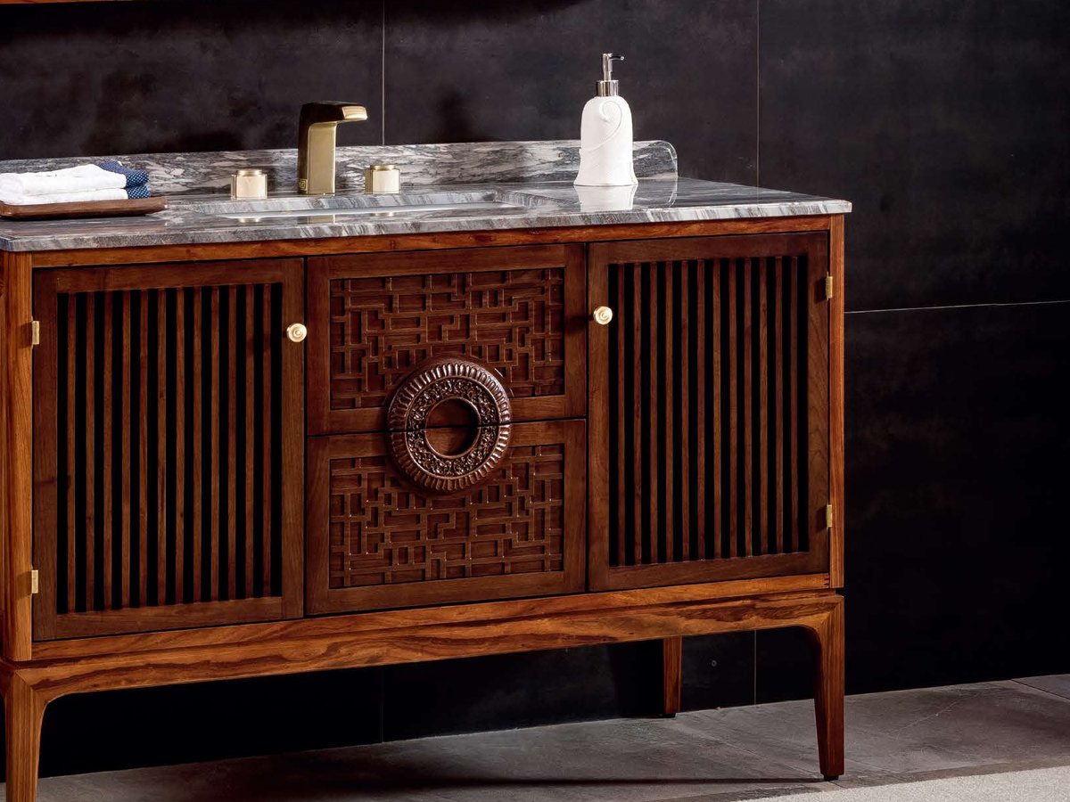 Floor-standing vanity with open lower shelf