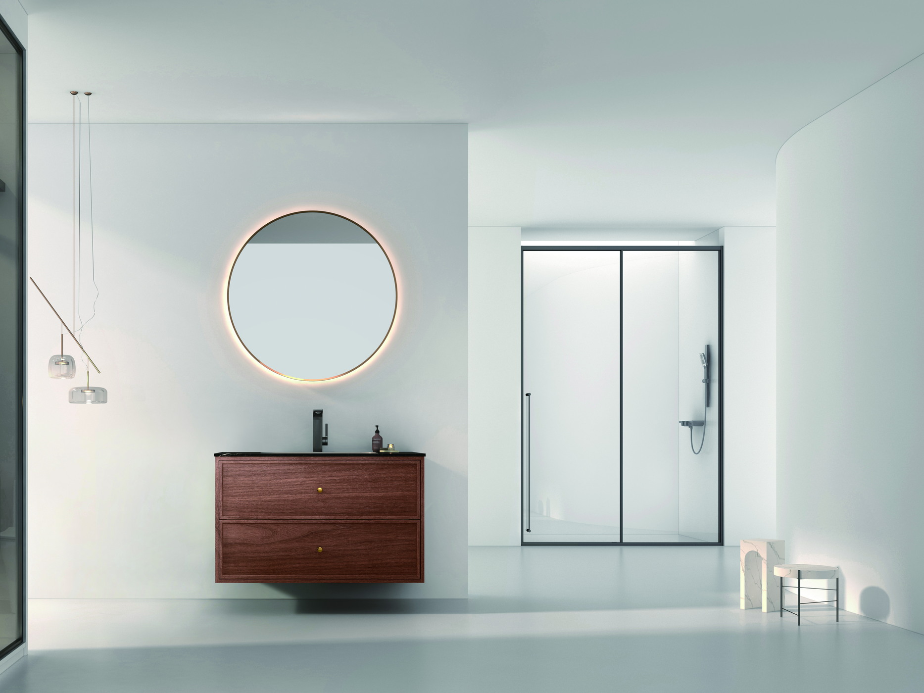Compact apartment bathroom with a glass shower enclosure