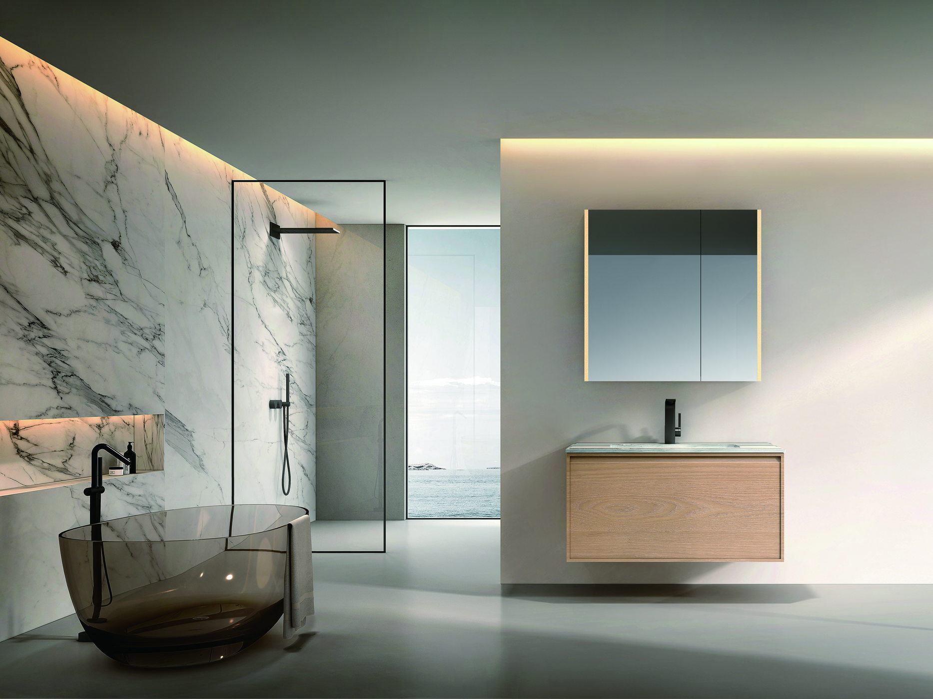 Hotel room bathroom with a glass shower enclosure