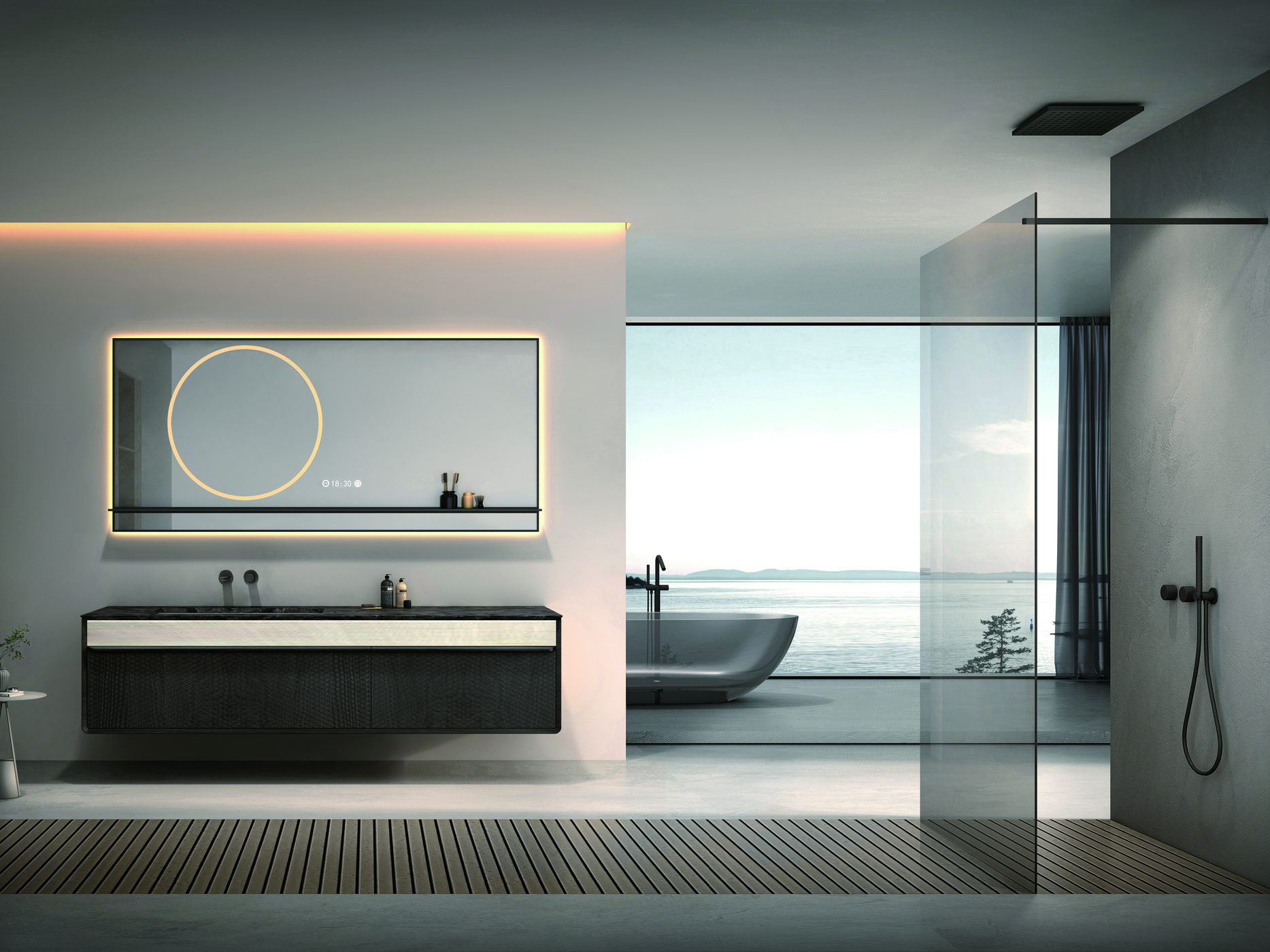 Renovated bathroom with a glass shower enclosure
