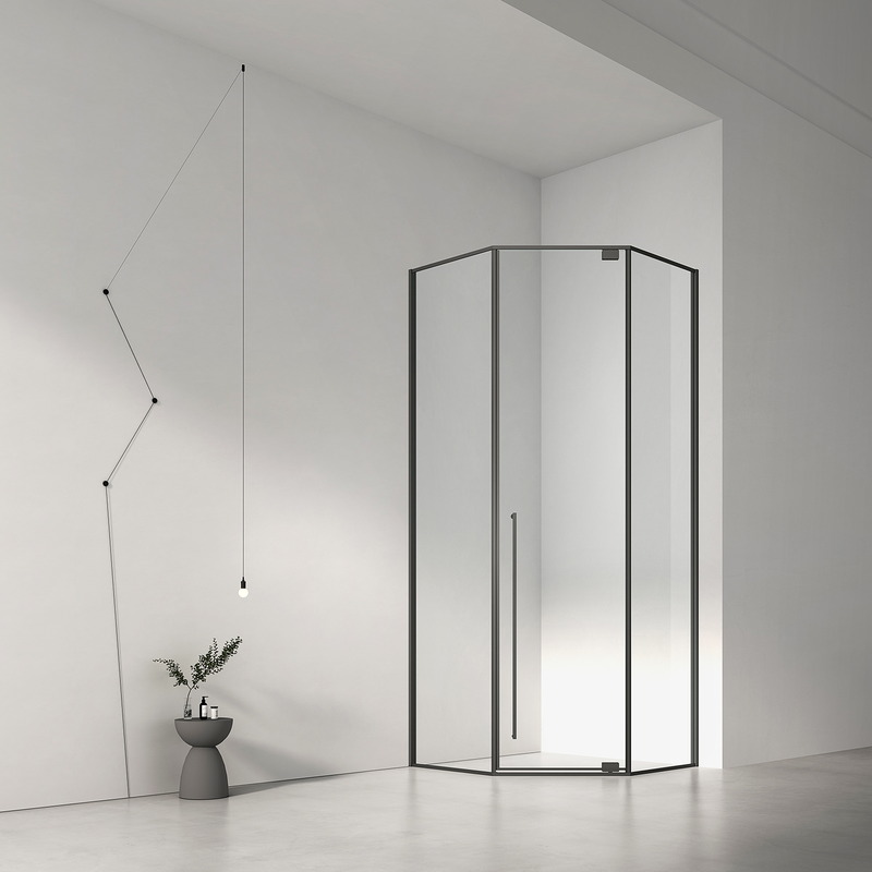 Frameless curved corner shower enclosure