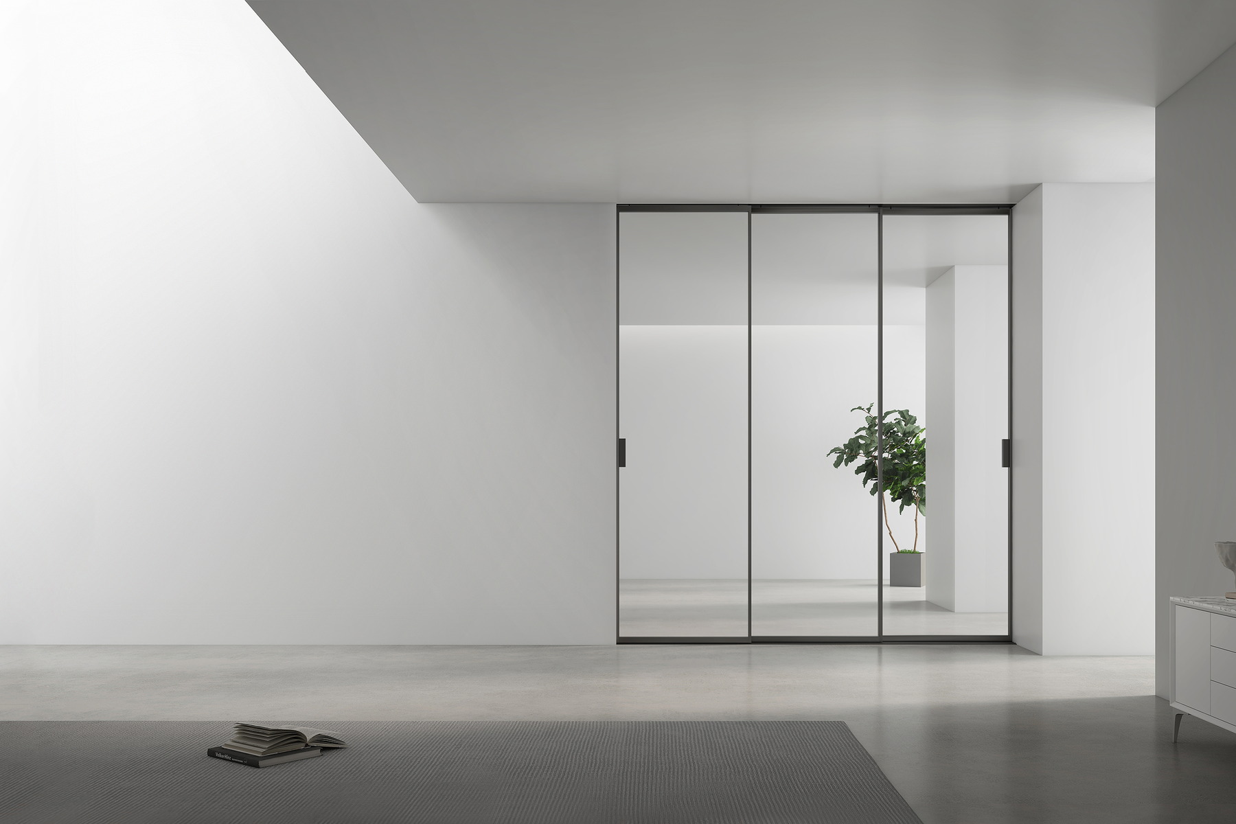 Frameless enclosure fitted against a finished wall and floor