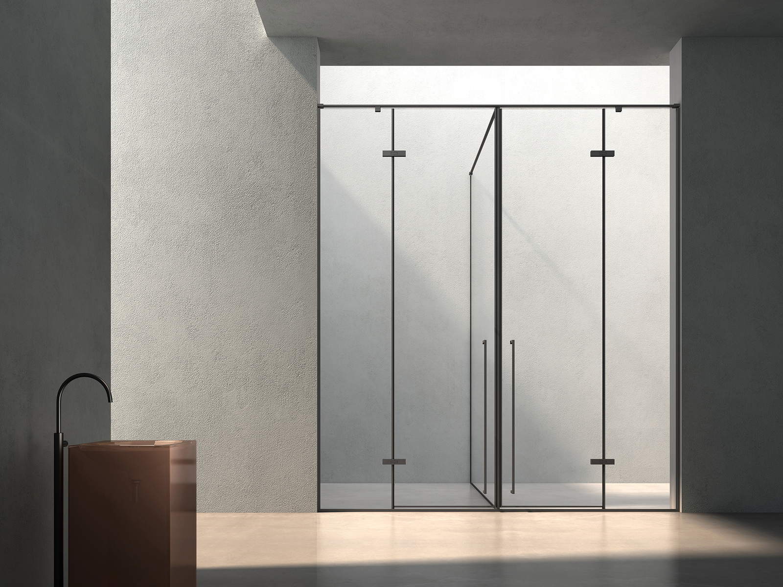 Frameless hinged enclosure with twin glass doors and vertical handles
