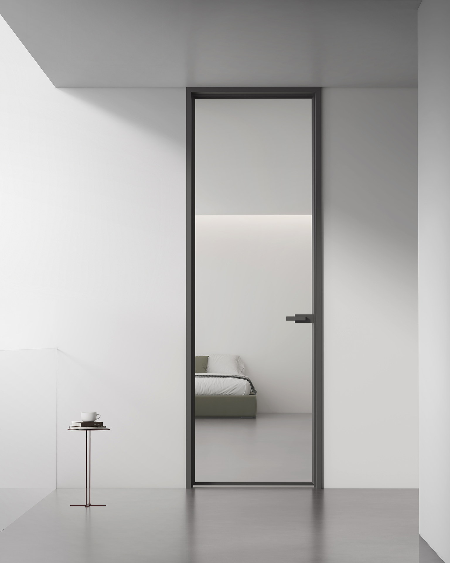 Frameless hinged glass shower door in a bright bathroom