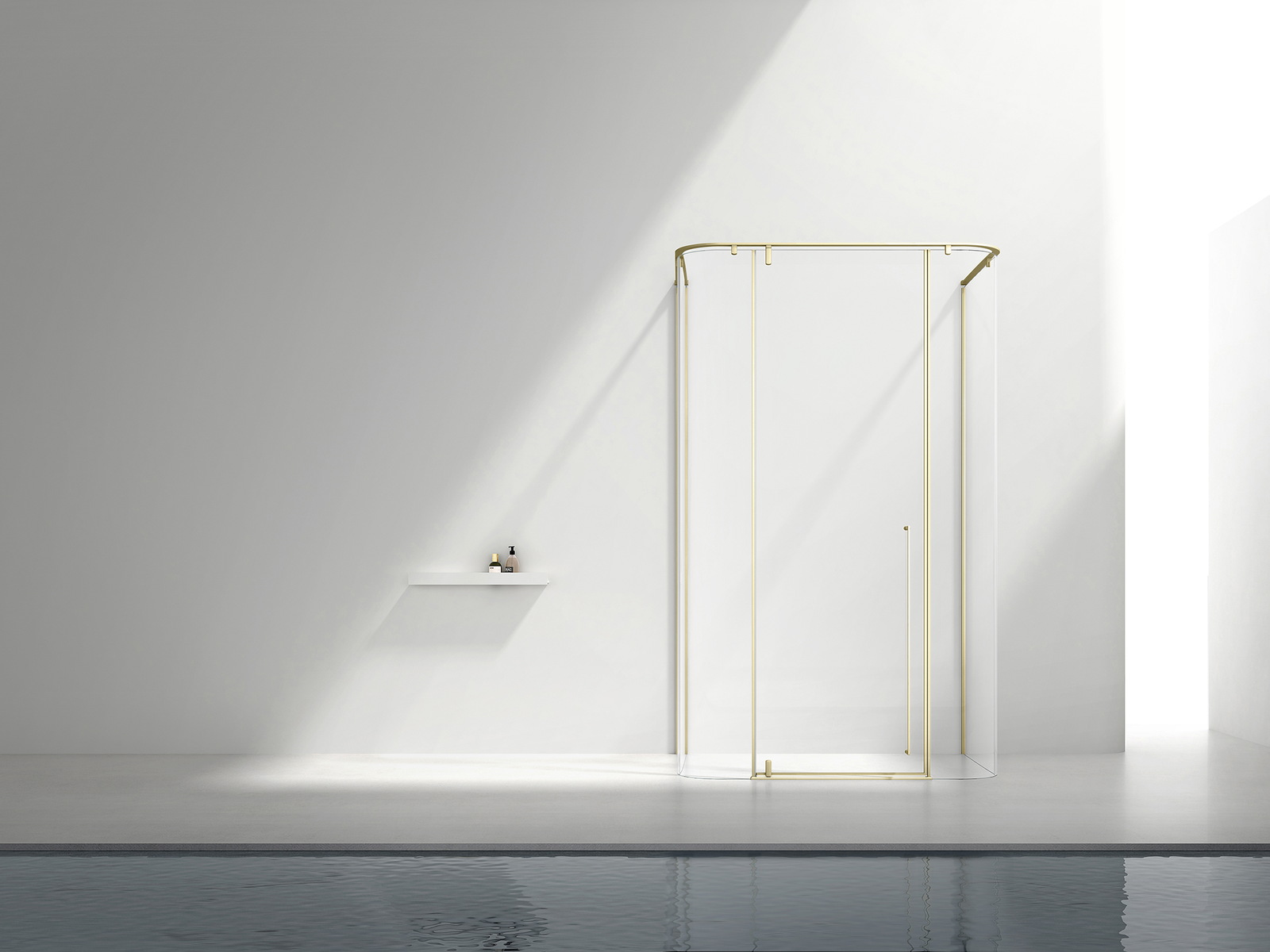 Frameless walk-in screen formed by a single fixed glass panel