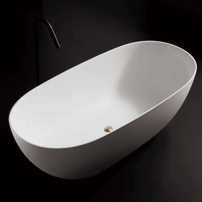 Japanese-style deep soaking freestanding tub with wooden stool