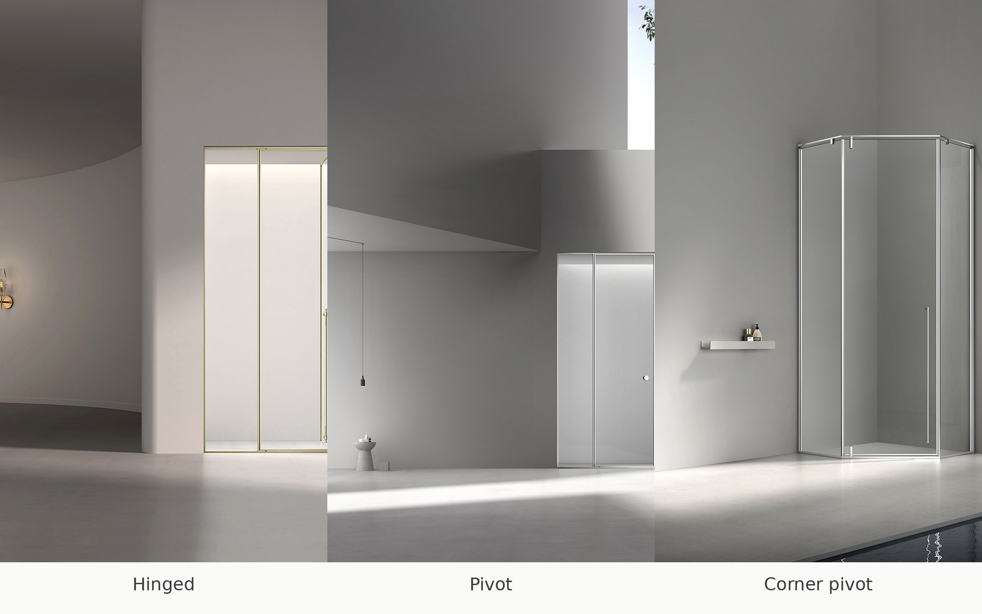 Comparison of hinged, pivot and corner pivot shower door configurations