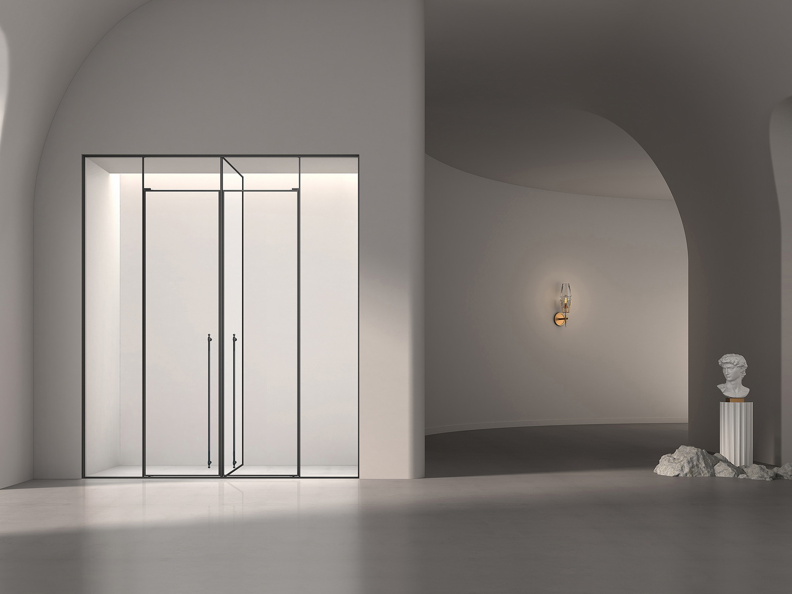 Custom hinged and pivot shower enclosure for a project opening