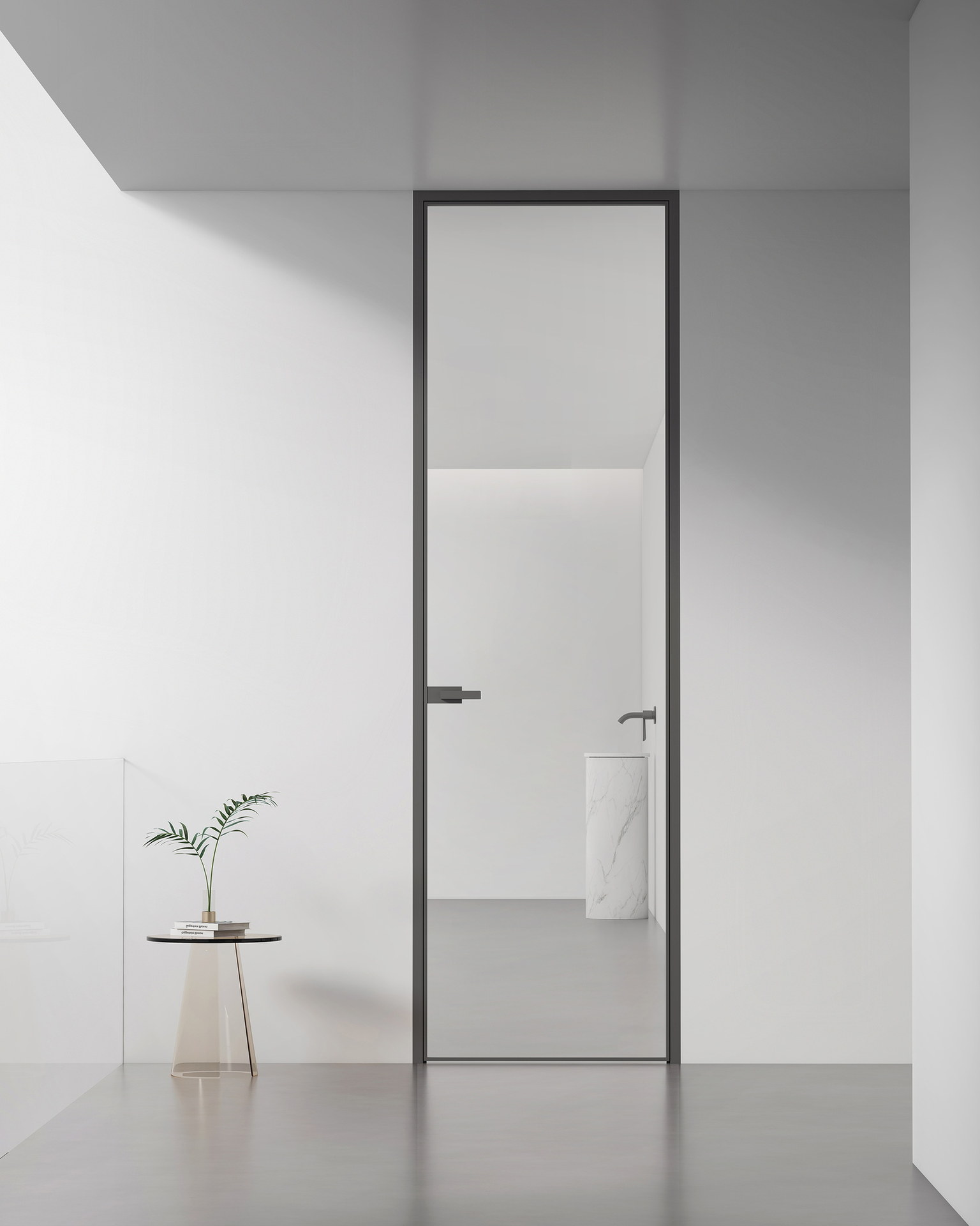 Hinged shower door enclosure in a finished bathroom