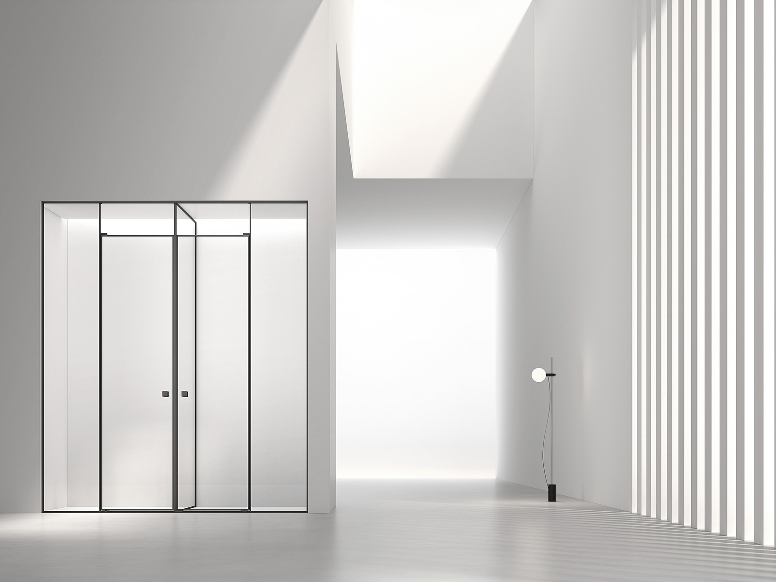 Inline hinged shower enclosure set between two walls