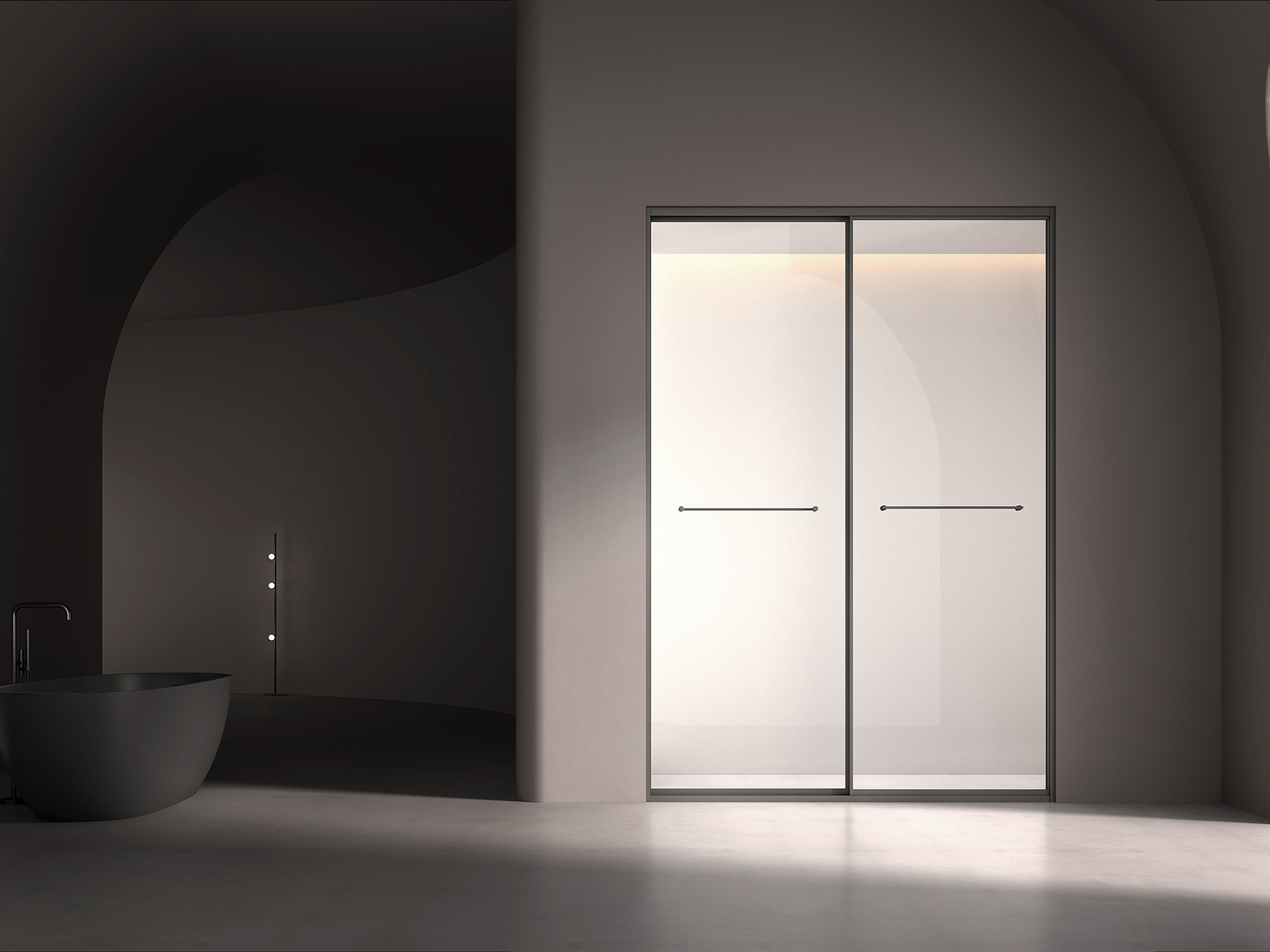 Hinged shower doors shown with the surrounding bathroom build