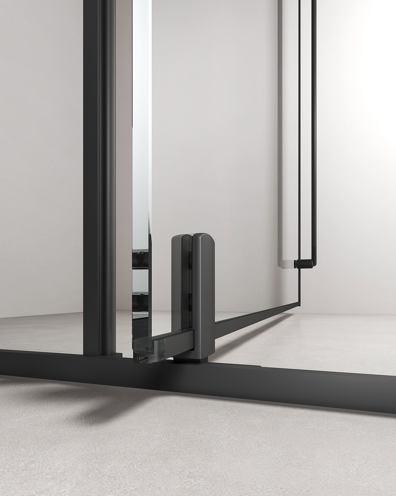 Black frame corner and glass panel joint