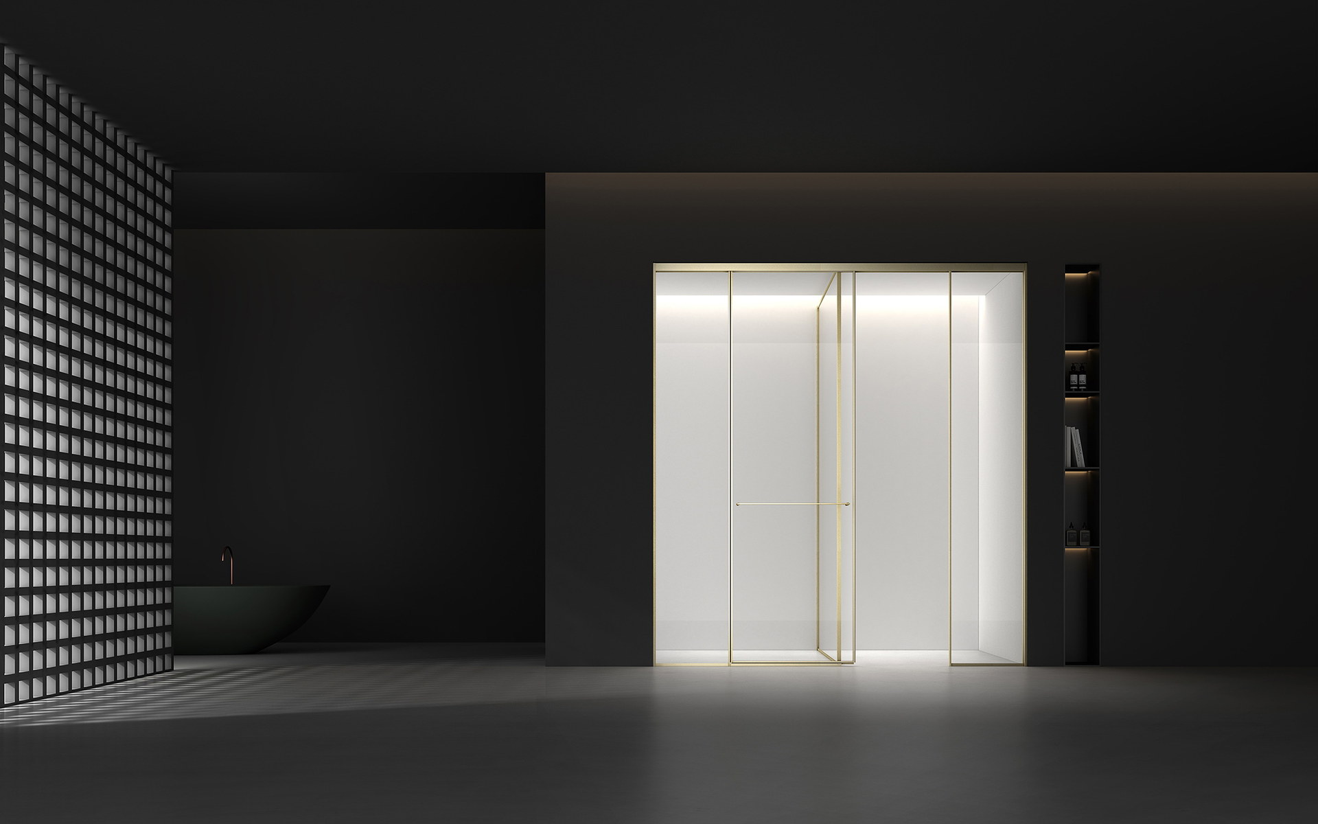 Hinged shower enclosure fitted against a finished wall and floor