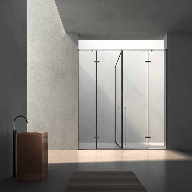 Twin hinged shower doors opening onto a finished step