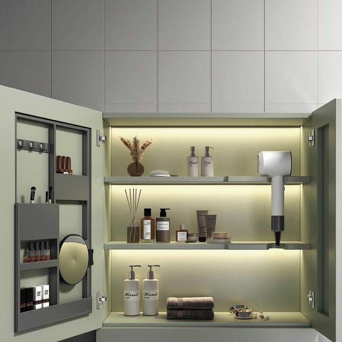Double integrated basin vanity in a hotel bathroom