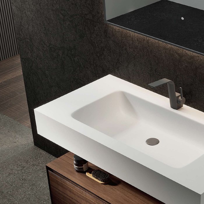 Integrated basin vanity drawing with drain and tap locations