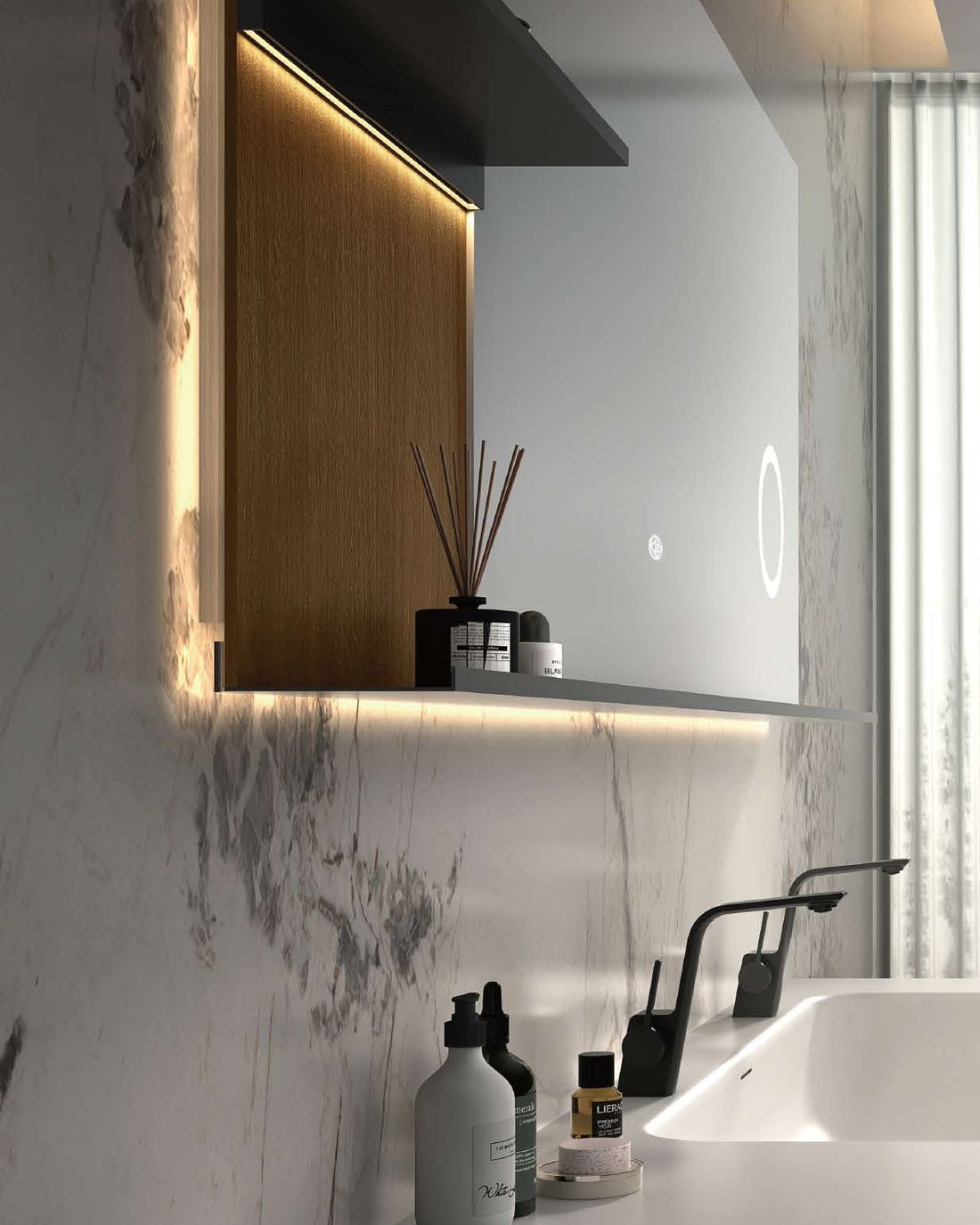 Integrated basin bathroom vanity with continuous basin and countertop surface