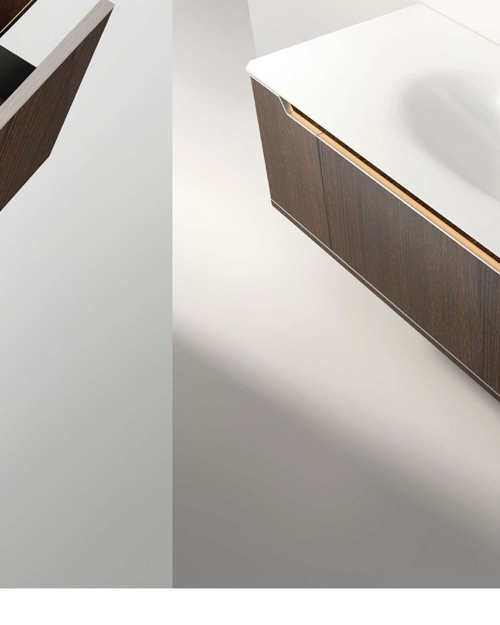An integrated basin vanity shown as a single formed piece