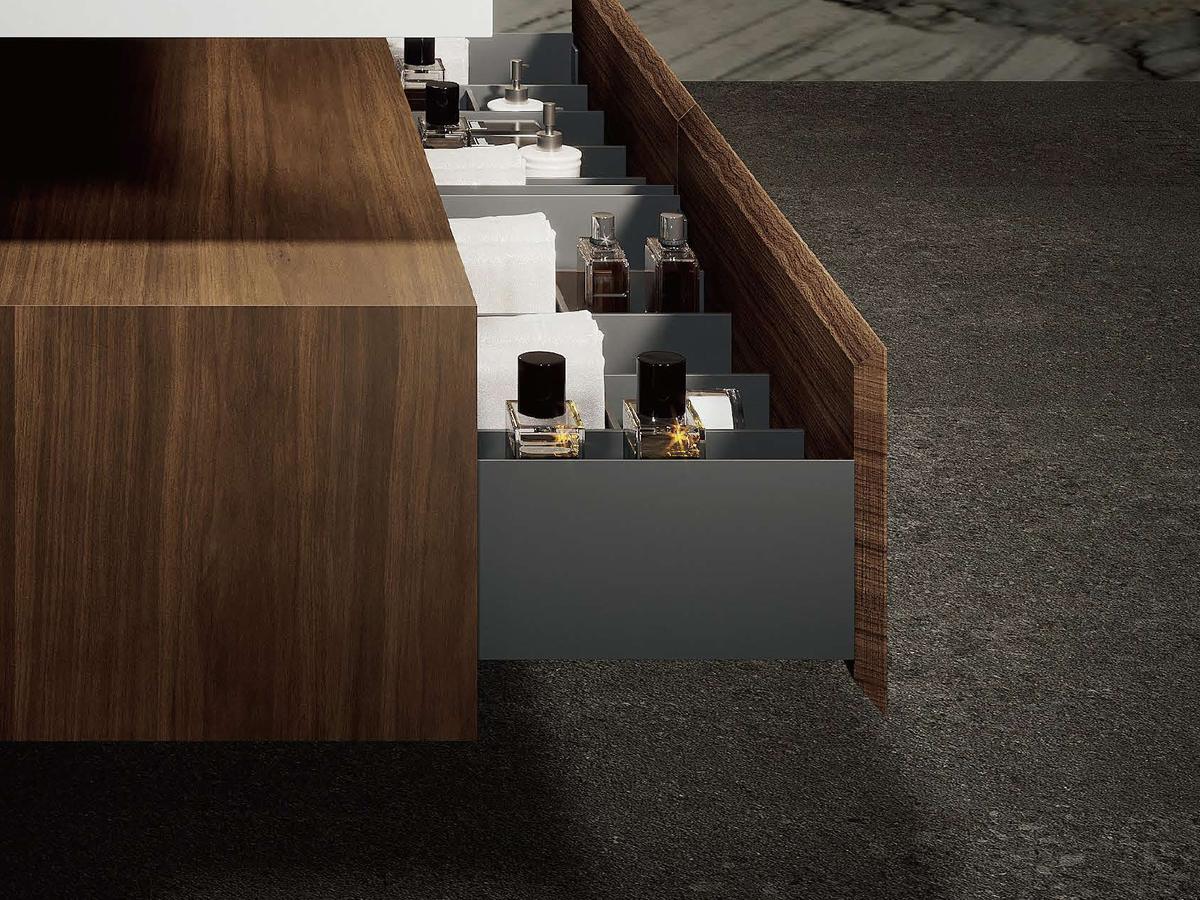 Showroom display of integrated basin bathroom vanities