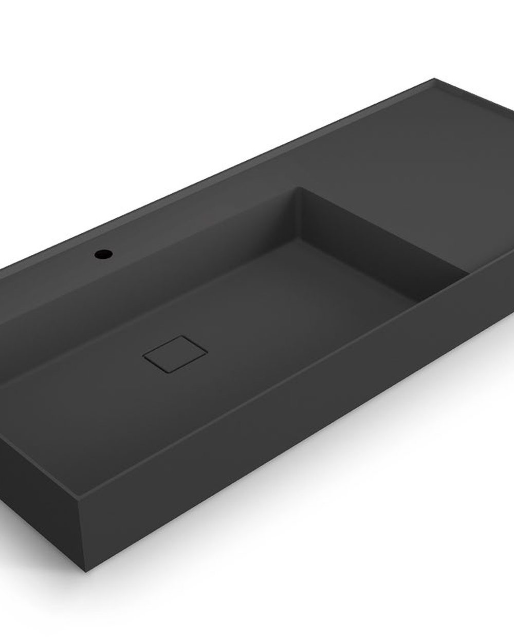 A black integrated basin and vanity top formed as a single piece