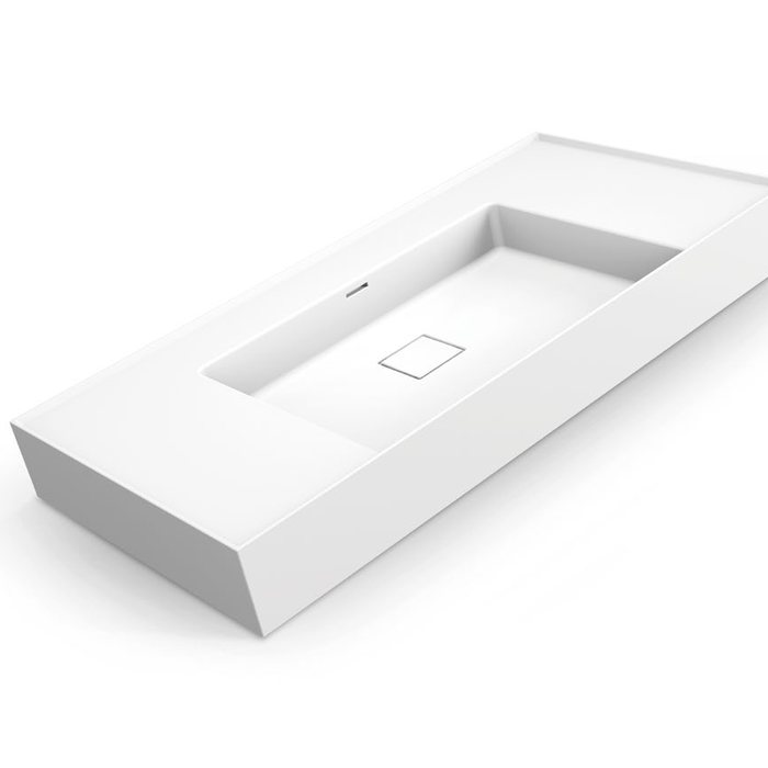 Long vanity top with integrated basin and wall-mounted faucets