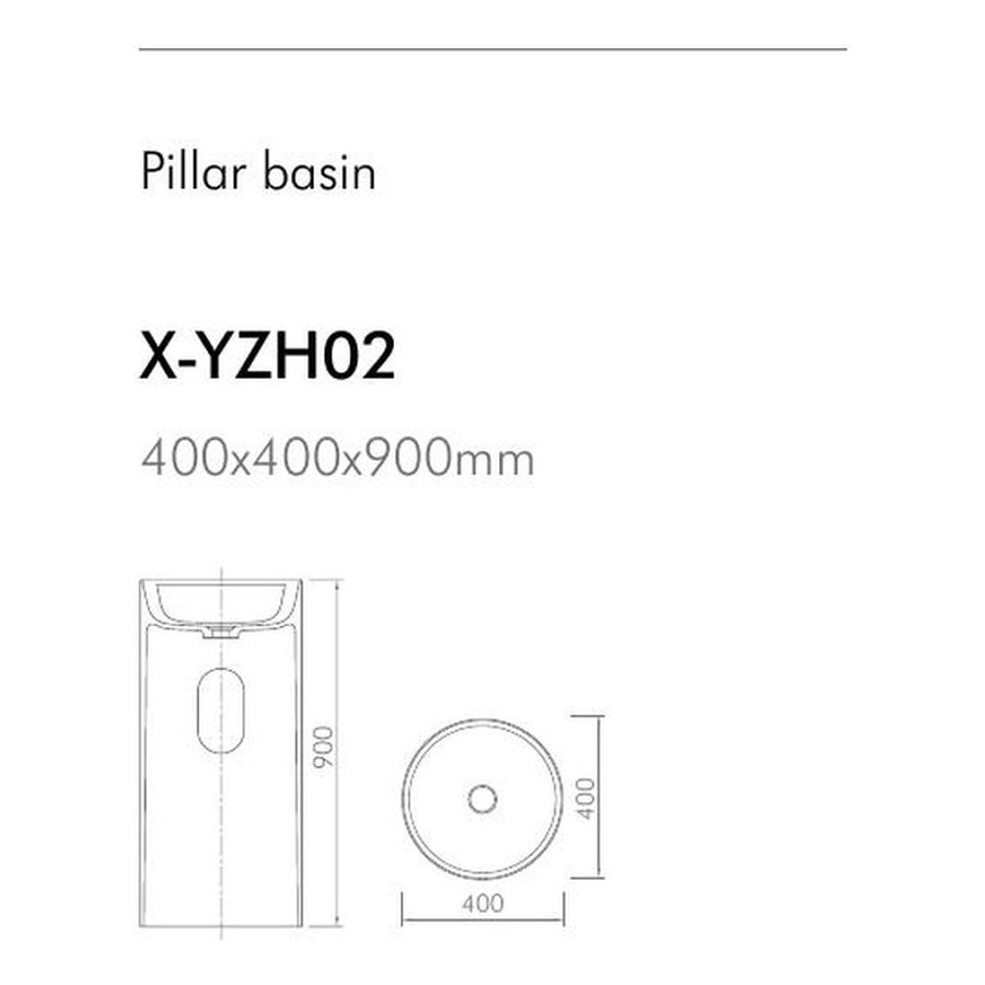 Pedestal basin dimension drawing showing height, footprint and drain outlet