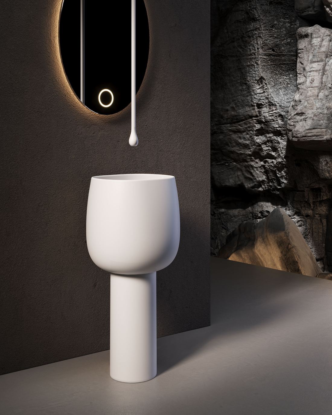 Freestanding pedestal basin coordinated with floor drain and water rough-in