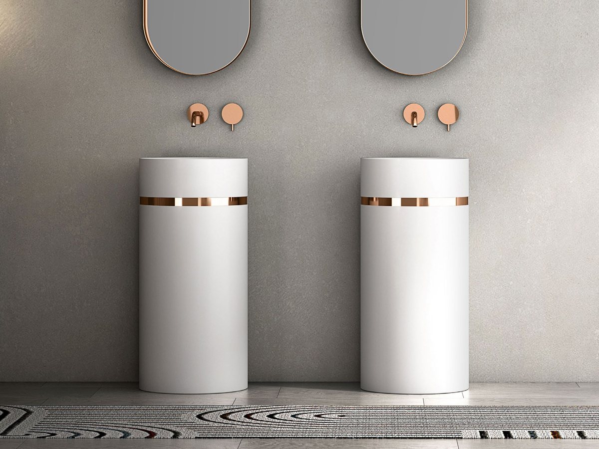 Twin pedestal basins planned around spacing and mirror centers