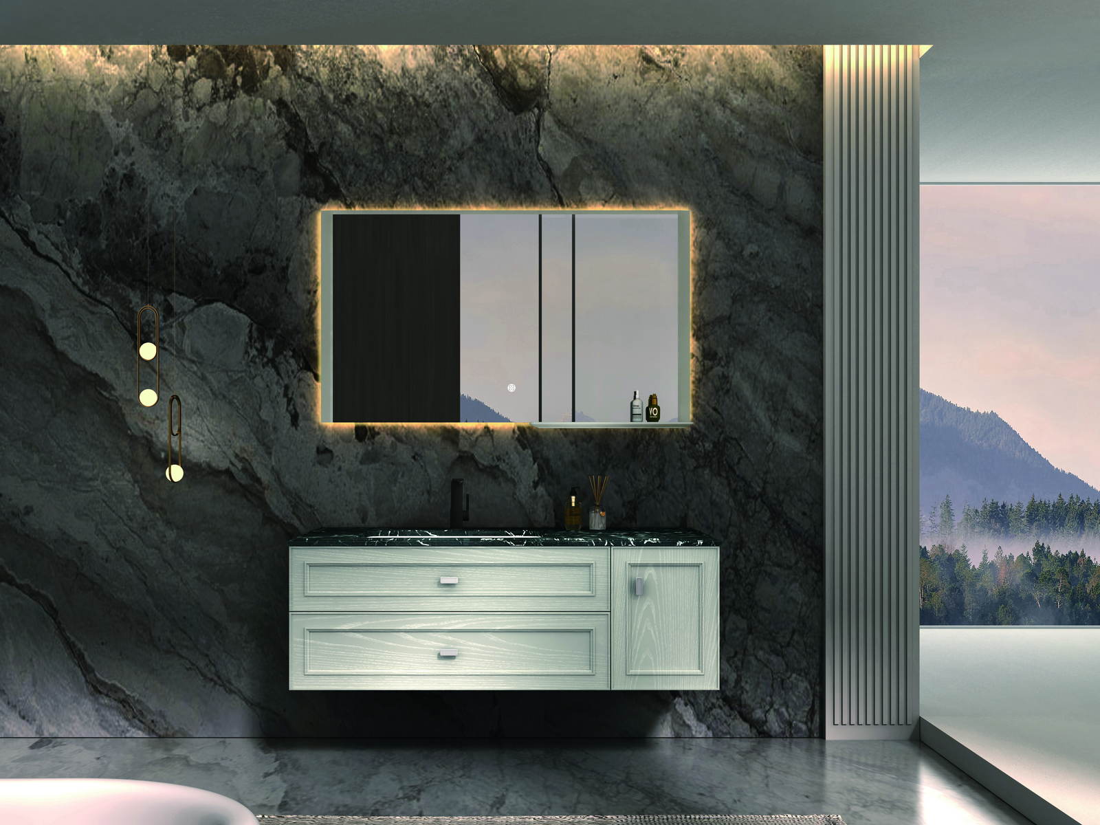 Double-sink project bathroom vanity across a wide wall