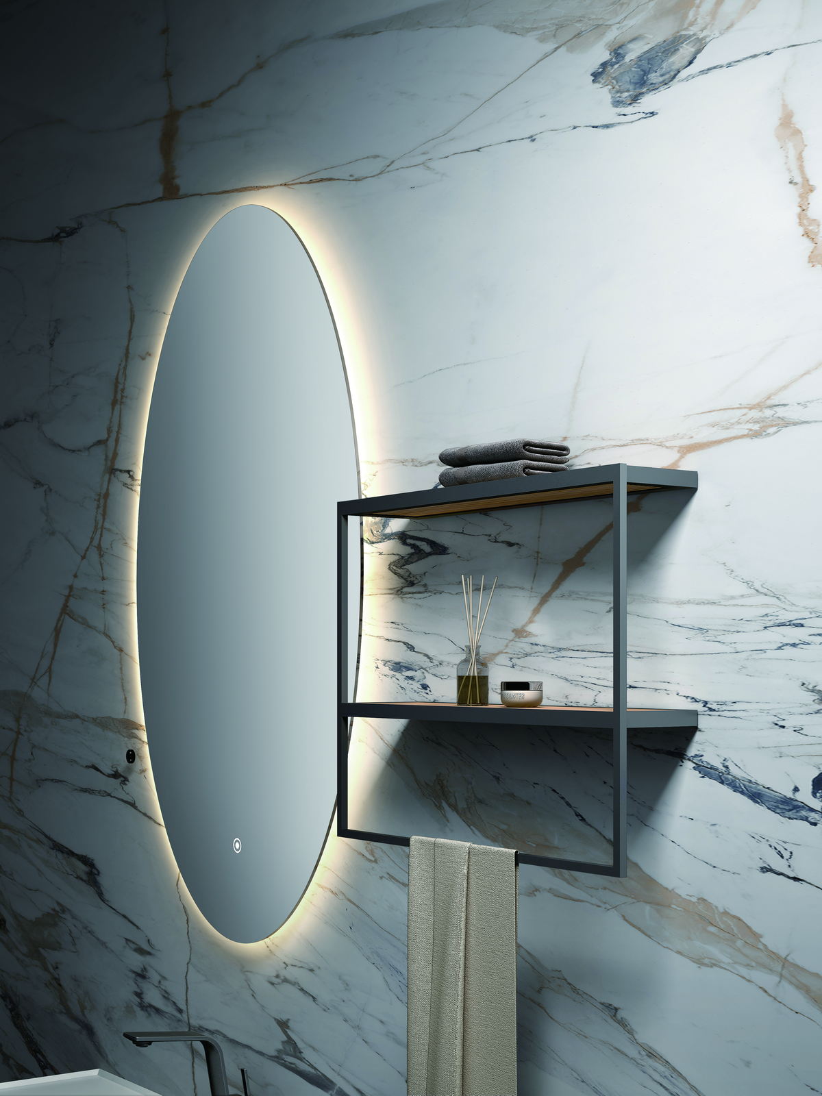 Round mirror and shelf detail of a project bathroom vanity