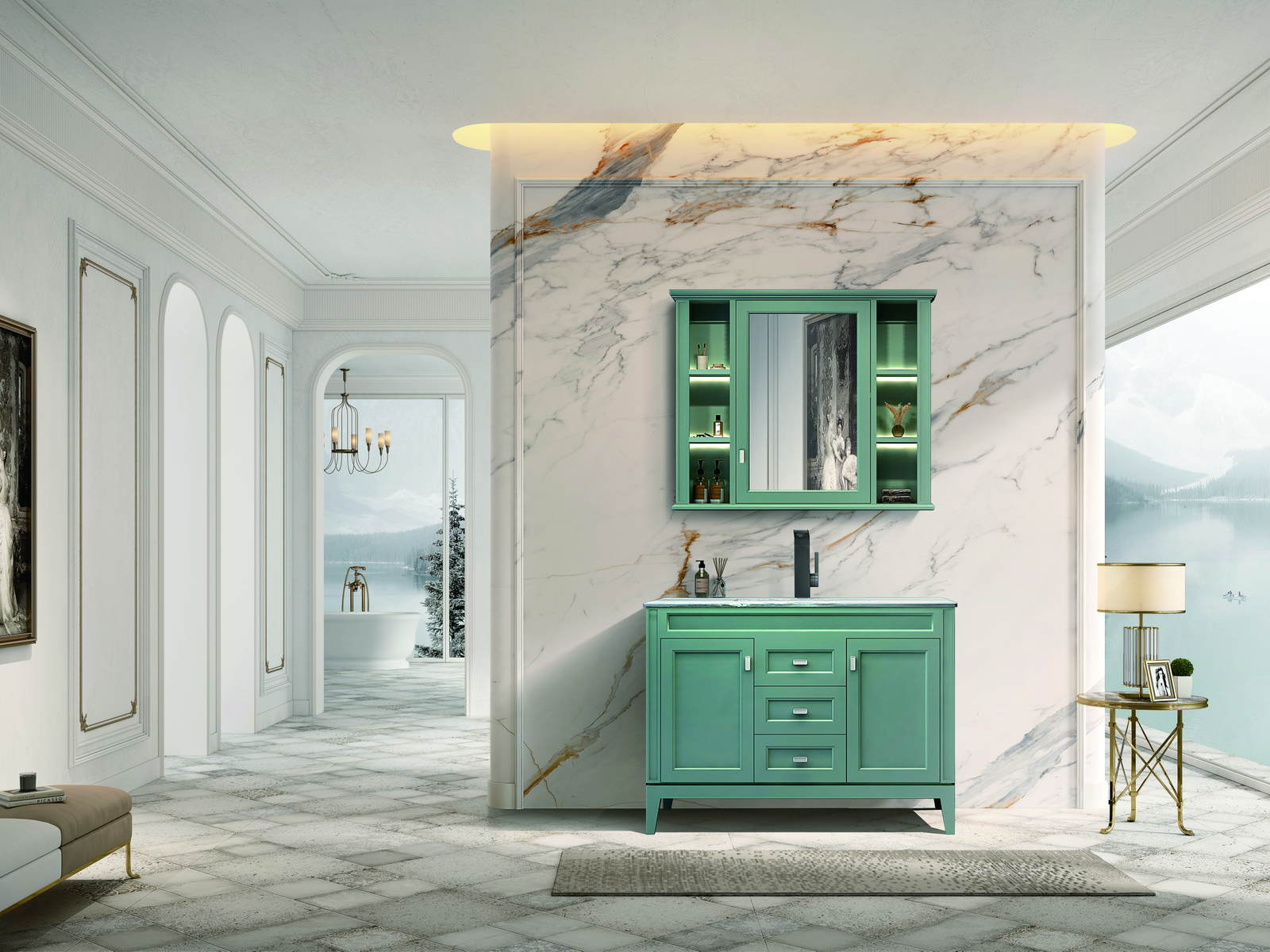 Floor-standing project bathroom vanity with framed doors