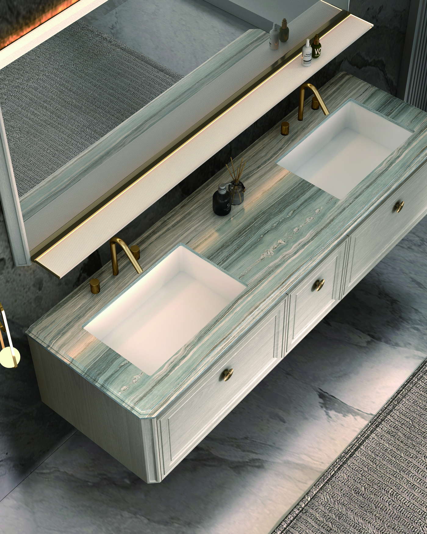 A project vanity with open drawers and integrated basins