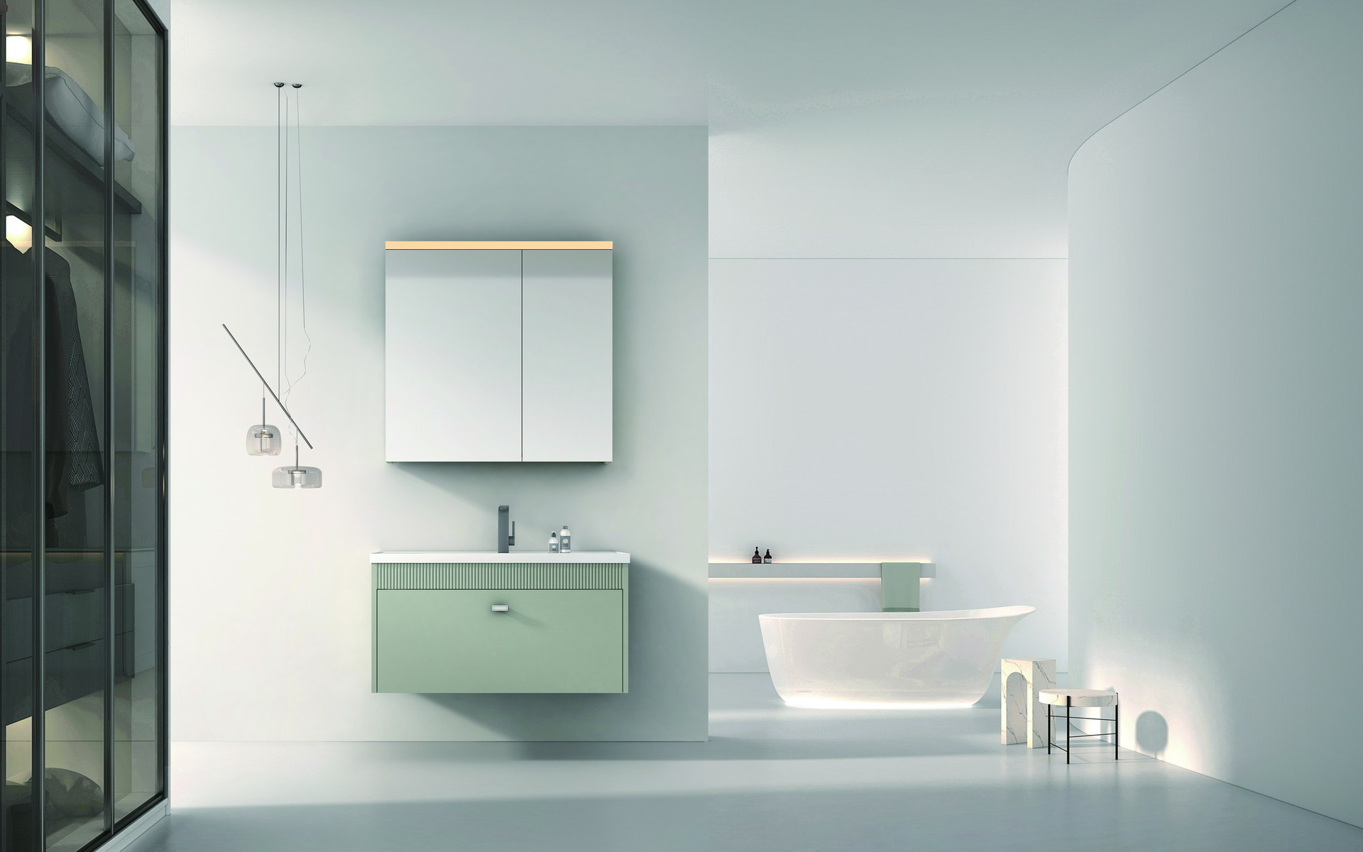 Project bathroom vanity fitted against a finished wall