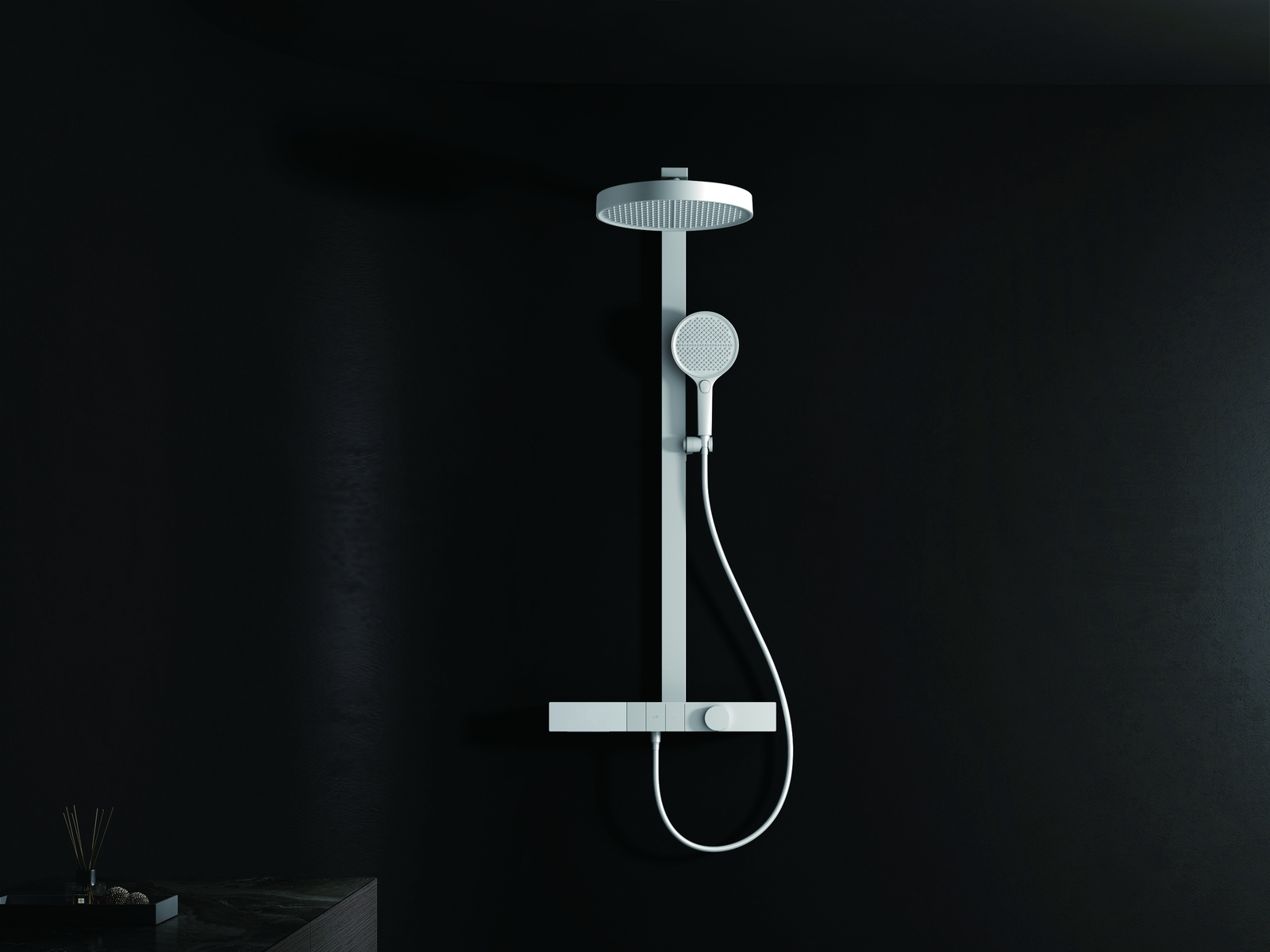 Ceiling-mounted rain shower installed over a walk-in shower